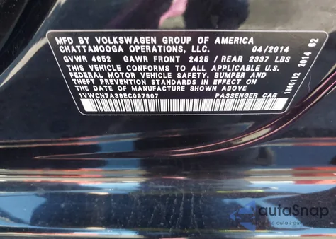 2014 Volkswagen Passat 2.0L Tdi Sel Premium z USA, uszkodzony, nr VIN 1VWCN7A38EC097807